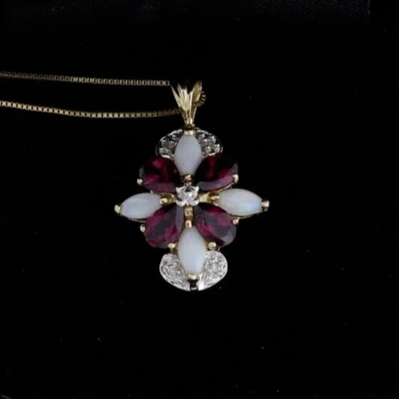 14k Yellow Gold Natural Garnet, Opal, Diamond Necklace 18" Chain - Picture 1 of 9